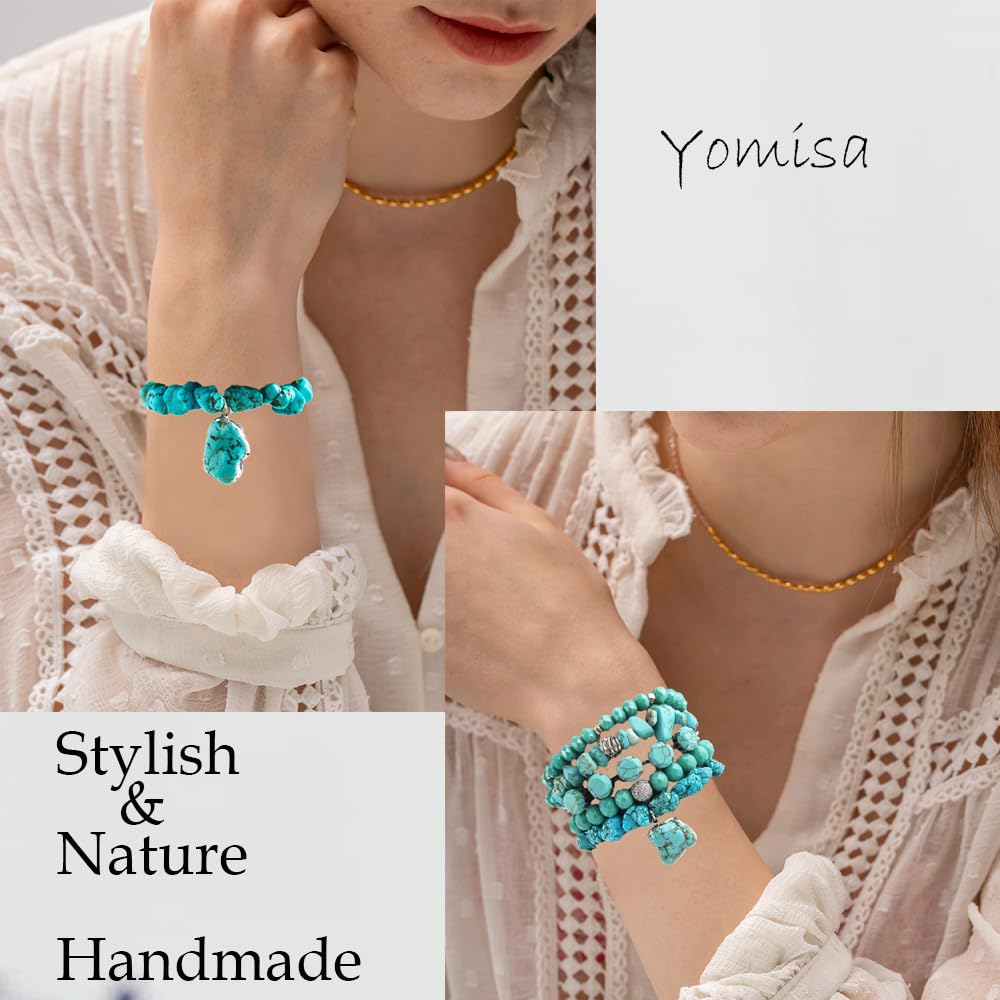 Yomisa Boho Beaded Bracelets for Women,Multilayer Wrap 5PCS Turquoise Healing Natural Stone Bead Bracelets Handmade Stackable Friendship Stretchy Beaded Bracelet Set Trendy Bohemian Jewelry Gift Women