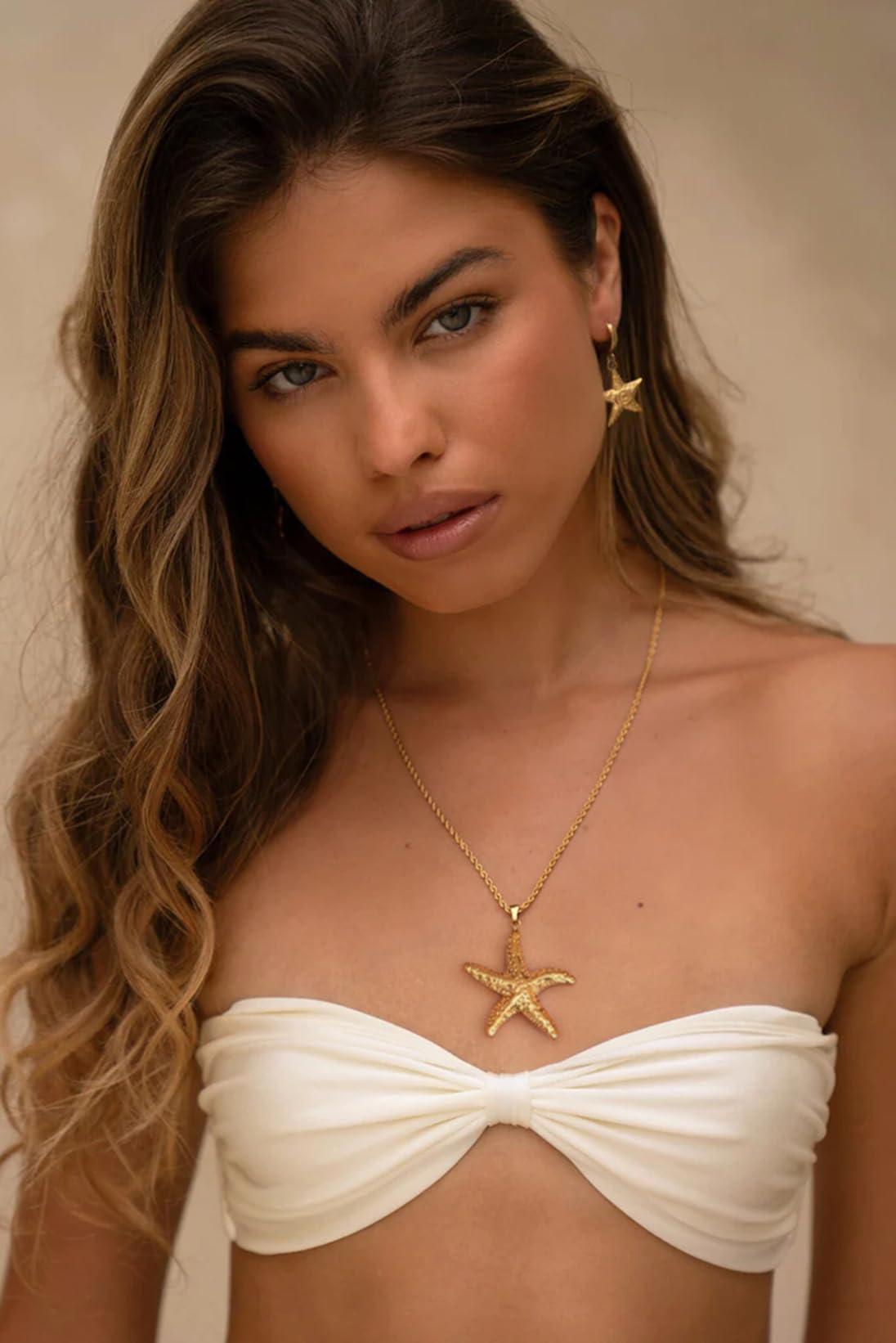 PEARLADA Statement Gold Plated Starfish Cord Necklace, Boho Large Pendant Rope Necklace, Summer Beach Jewelry