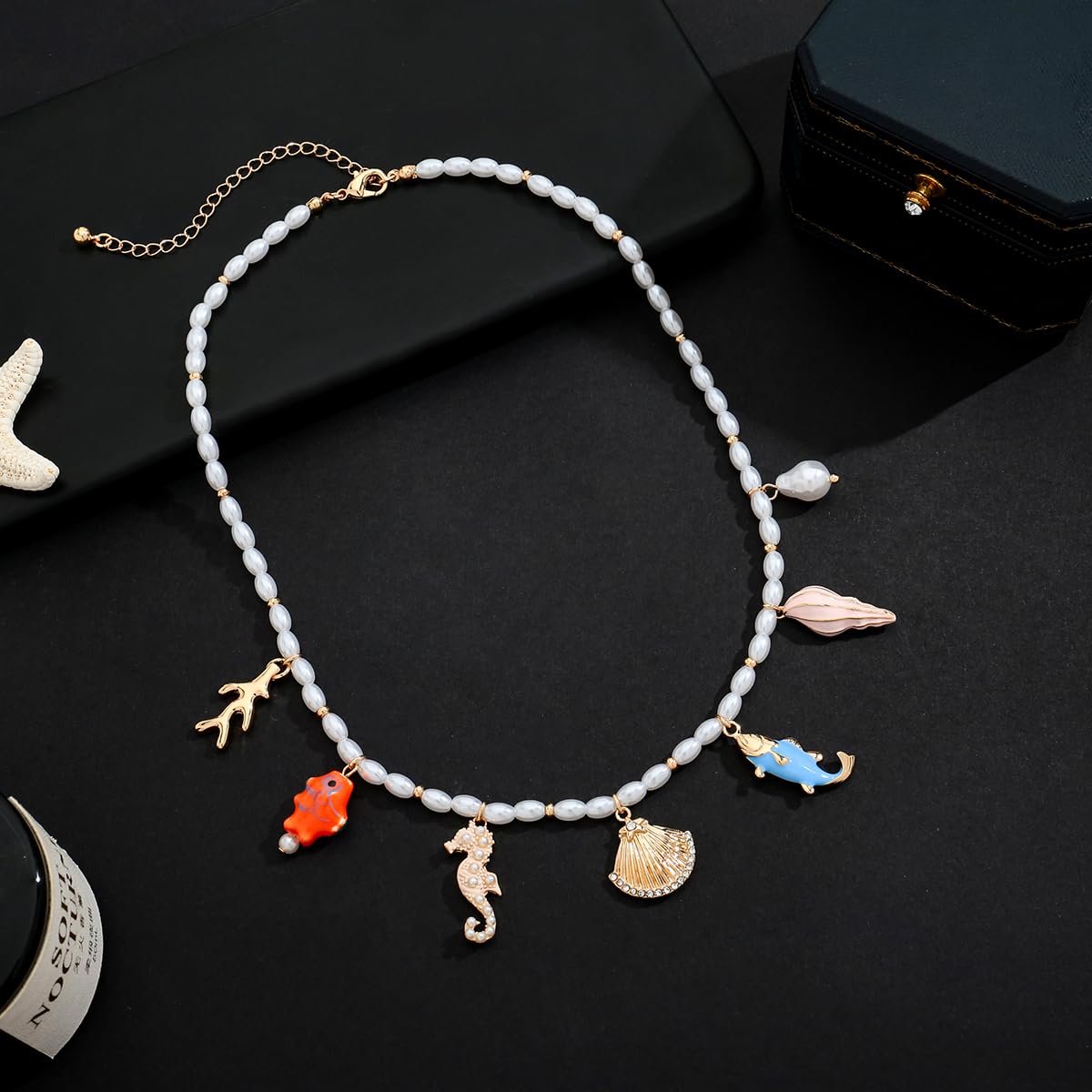 CLASSYZINT Adjustable Simulated Pearl Necklace with 7 Ocean Charms Sea-Themed Jewelry Valentine's Day Jewelry Everyday & Party Necklace