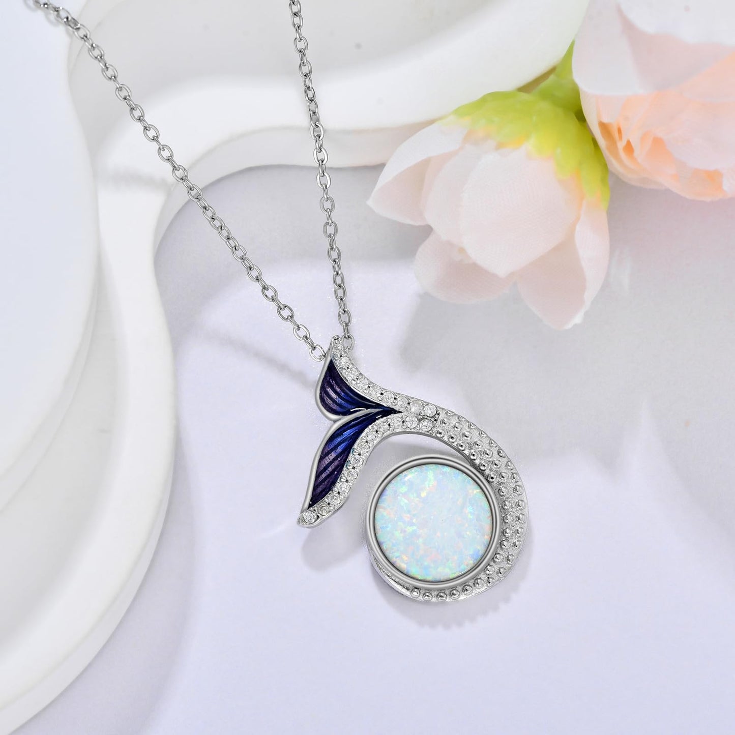 KoyeKei Whale Tail Necklace for Women 925 Sterling Silver Whale Necklace Ocean Beach Themed Opal Pendant Jewelry Graduation Gifts for Girlfriend Wife Sister