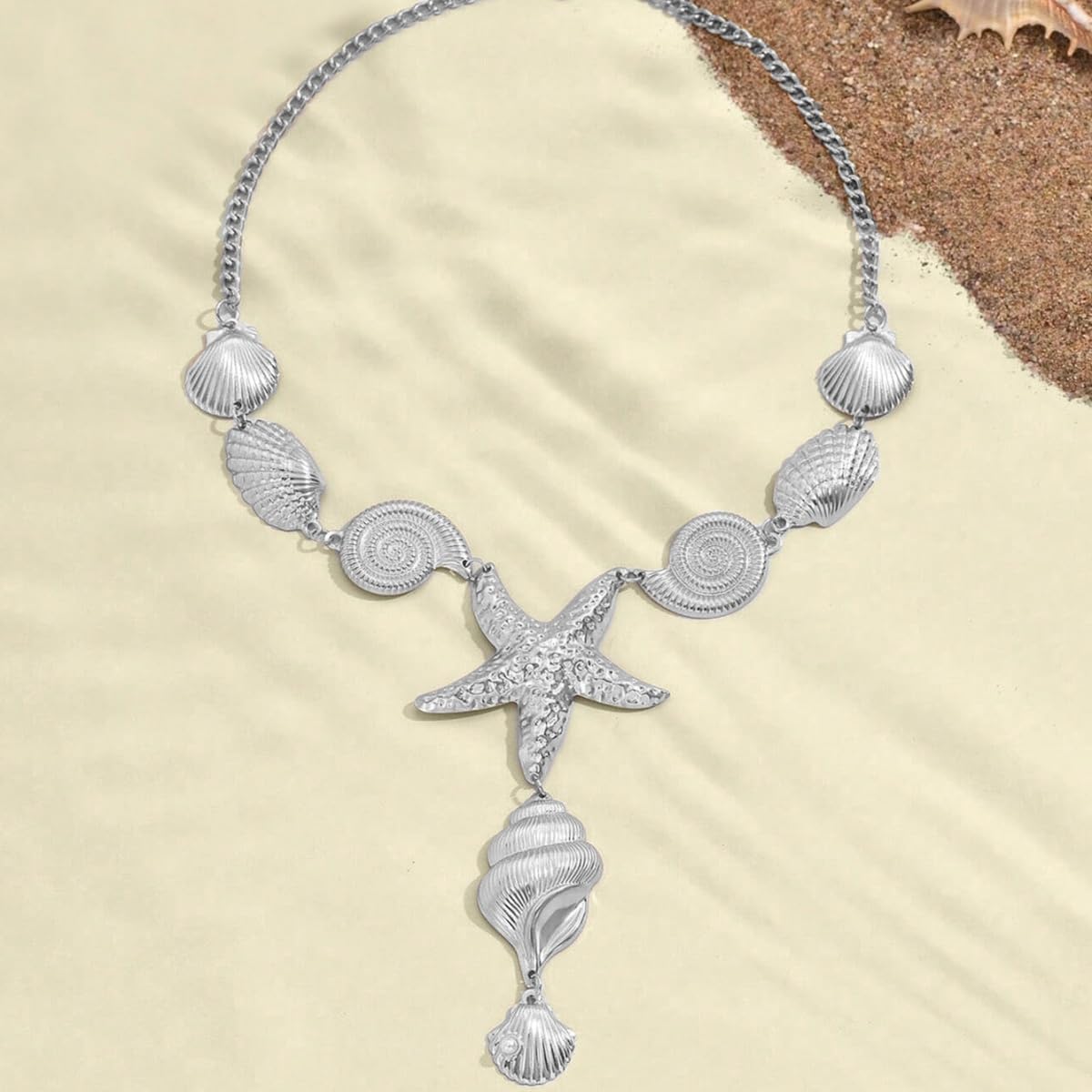 VIYPDRST Starfish Shell Necklaces For Women Big Seashell Beach Conch Y-Shaped Pendant Boho Summer Statement Beach Collar Holiday Jewelry (Silver)