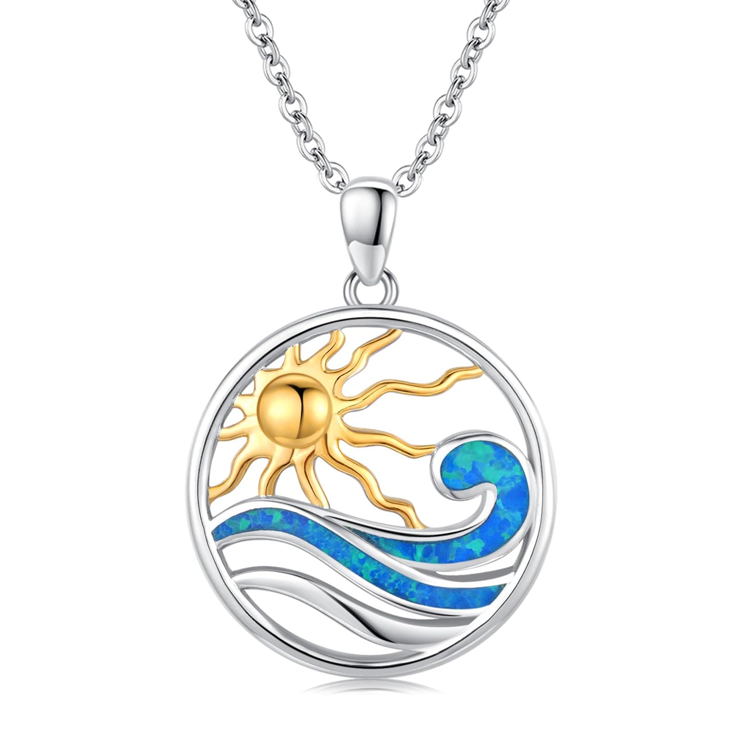 Midir&Etain Wave Necklace 925 Sterling Silver Sun Necklace Ocean Necklace Beach Sea Pendant Ocean Wave Jewelry for Women Men