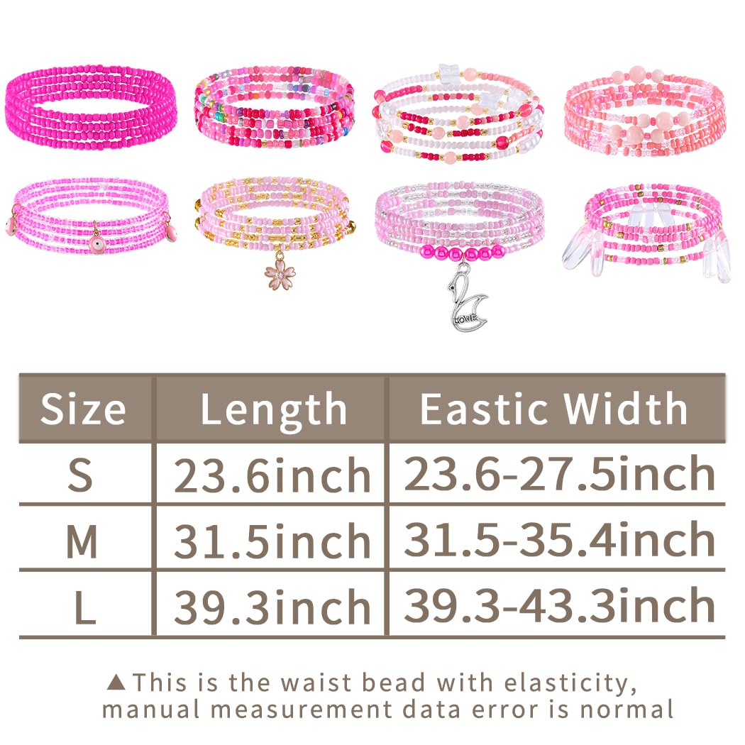 ELABEST 24-39inch African Waist Beads for Women 8Pcs Elastic Belly Beads Colorful Beaded Waist Jewelry Accessories Body Chain (Pink, 39.3inch/100cm)