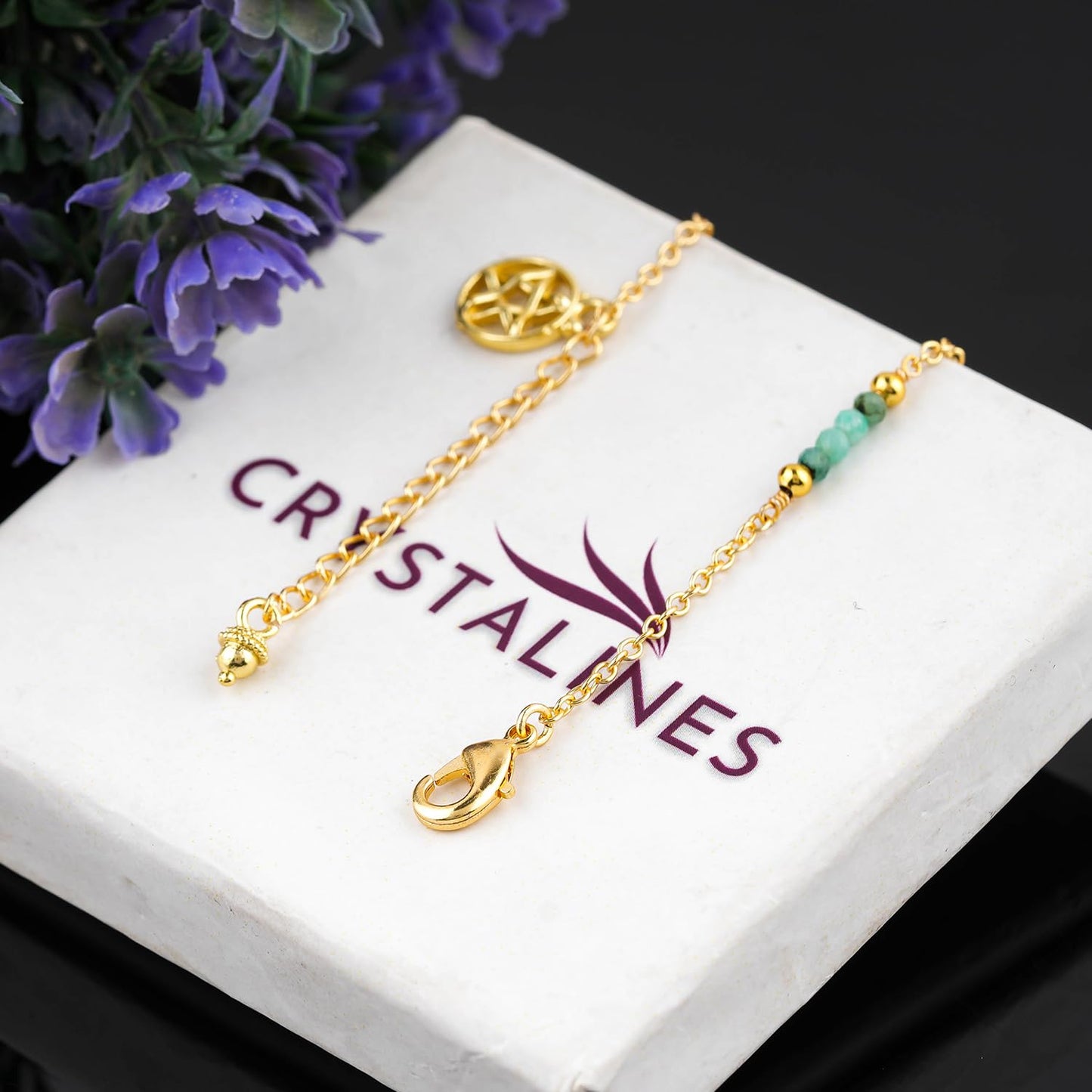 CRYSTALINES Natural Emerald Gemstone Beads, Handmade Station Dangle Star Charms Anklet, 14K Gold Plated, Adjustable Fashion Boho Jewelry for Women, Healing Crystals, Christmas Gift