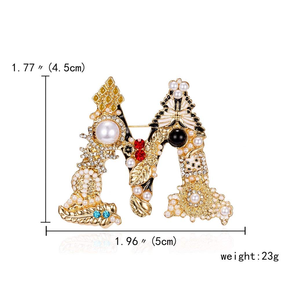 RINHOO Crystal Pearl Initial Brooch Gold Plated Enamel Colorful Letter Alphabet Breastpin Pin Jewelry for GIFTS (Letter -M)