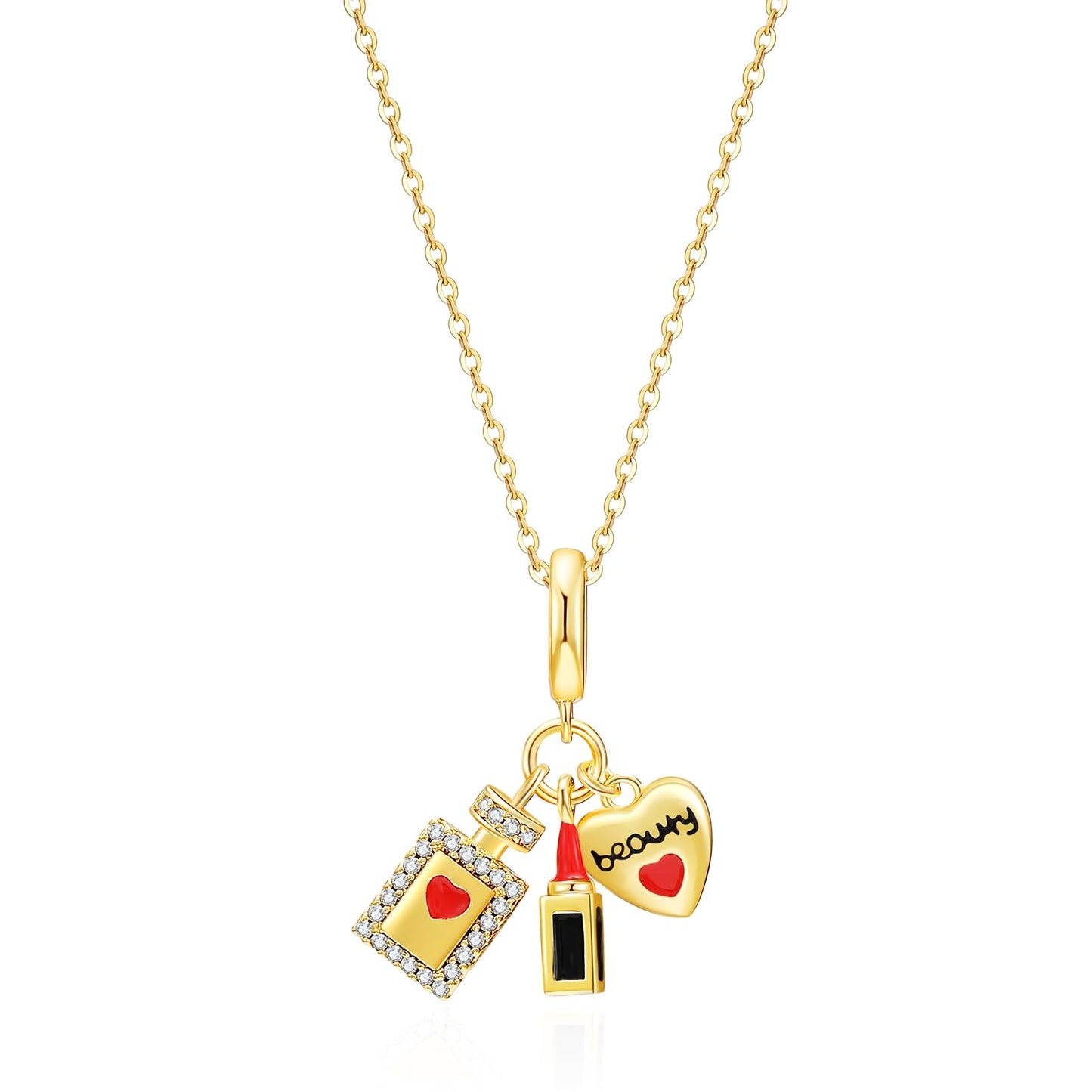 crataly Mini Makeup Enamel Necklace For Women-Gold Plated Lipstick Ornament Perfume Bottle Puffy Heart Combination Necklace For Graduation Valentines Day Mother's Day Christmas Birthday Gifts