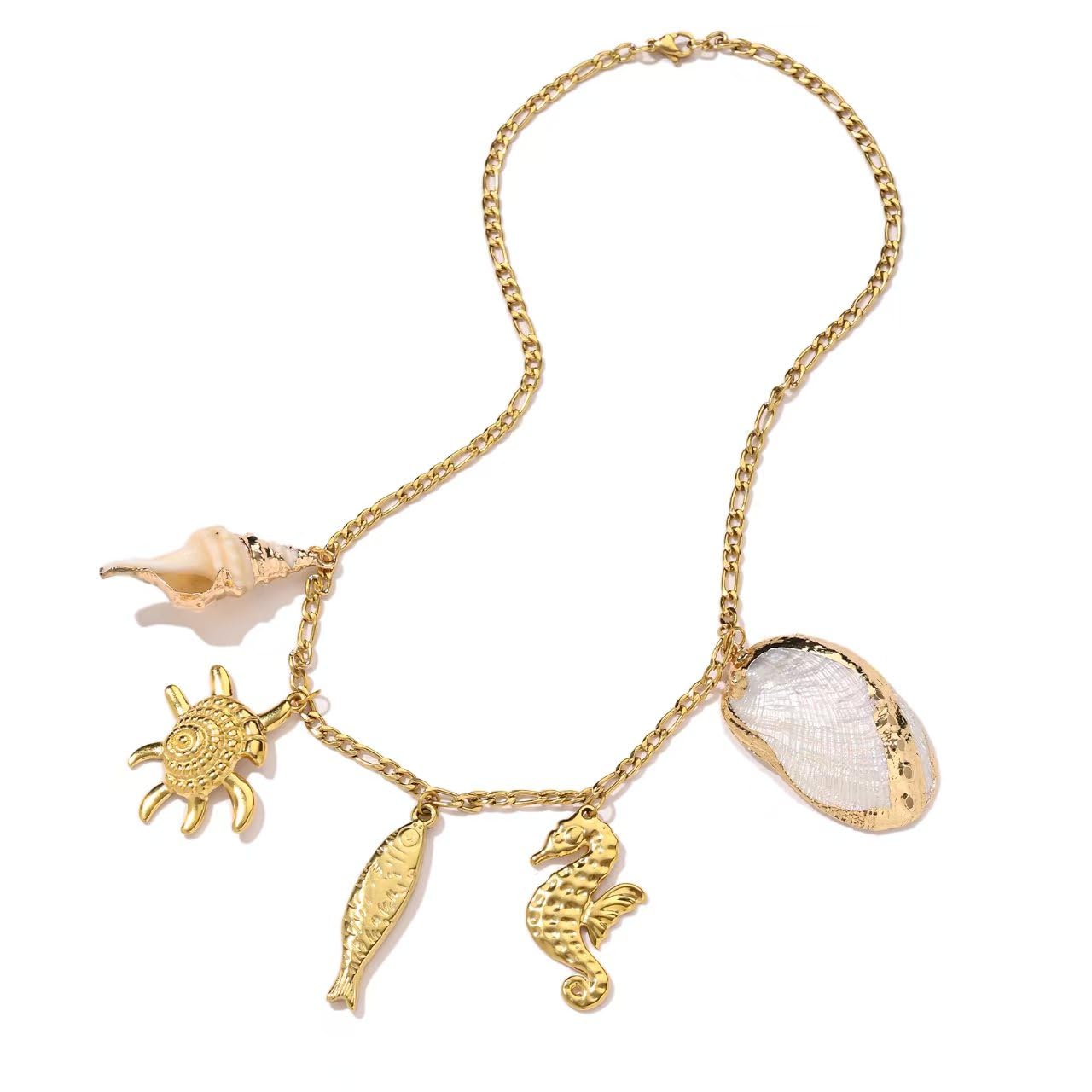 BTTLVZC Summer Beach Charms Necklace for Women Gold Fish Conch Seahorse Shell Charms Choker Necklace Trendy Ocean Theme Vacation Jewelry Gifts(Style-A)
