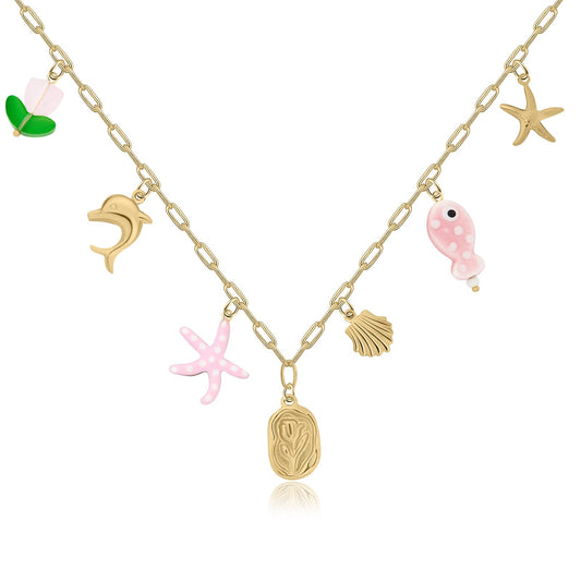 Chunky Gold Necklace Statement Boho Beach Ocean Summer Stainless Steel Jewelry Shell Starfish Turquoise Dolphin Pearl Sun Flower Wave Heart Fish Charm Choker Necklaces for Women(Flower)
