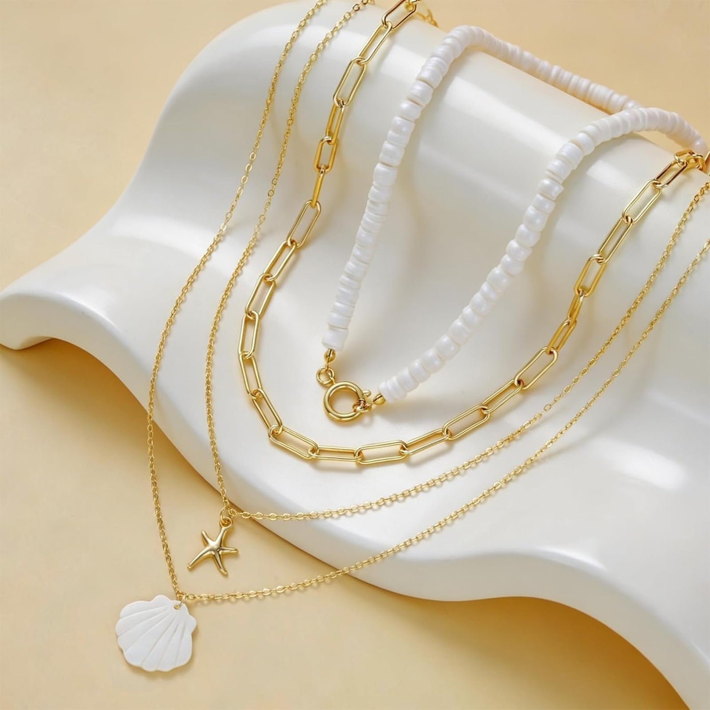 Starfish Shell Flower Necklace - Beach Jewelry for Women, Gold Coastal Charm Set, Boho Vacation Necklace, Summer Seashell Accessory