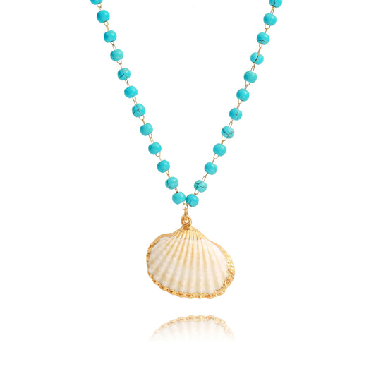 PEARLADA Boho Simulated Turquoise Beaded Necklace, Statement Shell Pendant Necklace, Adjustable Summer Beach Jewelry