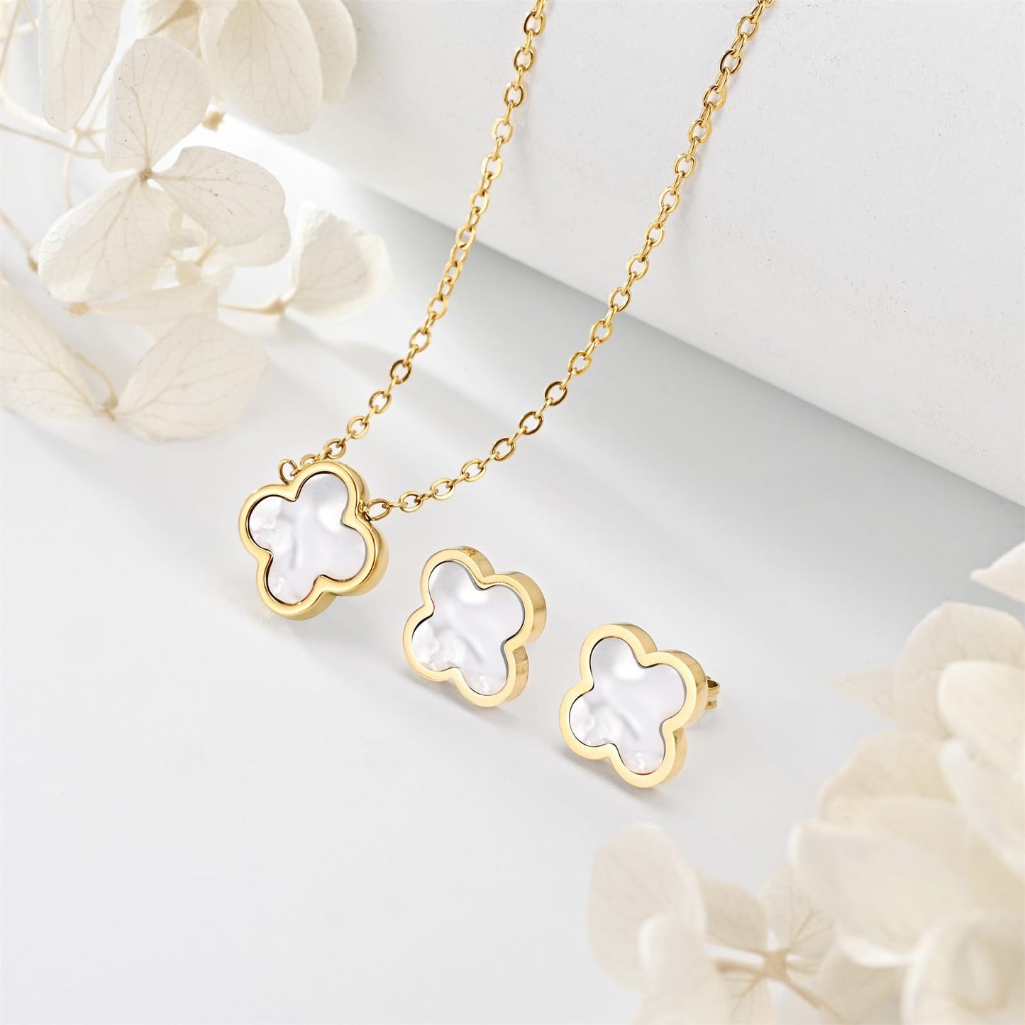 KYJAC Clover Necklace and Stud Earrings Jewelry Set White Black Red Clover Pendant Necklace 18k Gold Plated Four Leaf Clover Necklace Earrings Set Gifts for Women (Gold White Set)
