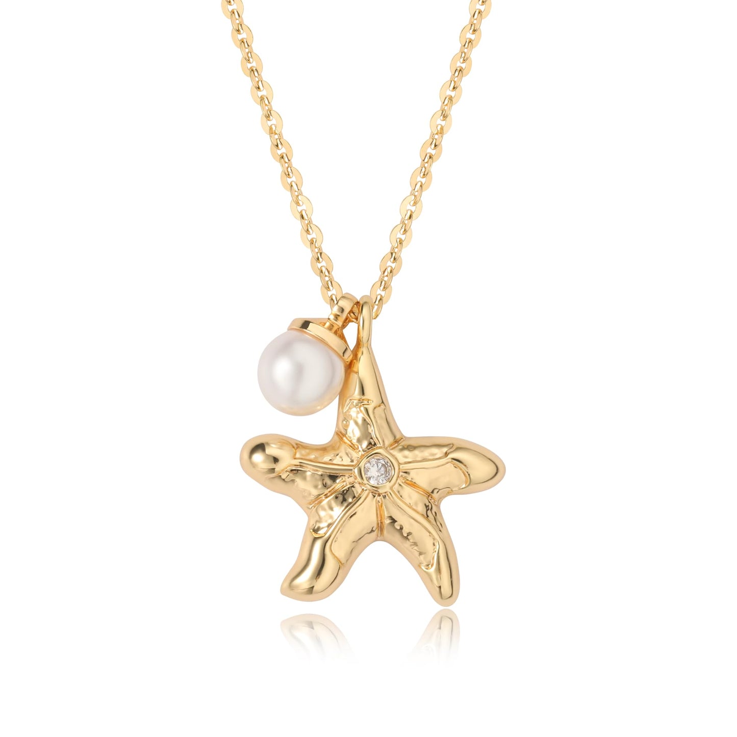 MTMY Gold Starfish Necklace 14K Gold Plated Shell Conch Ocean Pendant Necklace for Women Beach Summer Jewelry(Starfish Pearl 2)