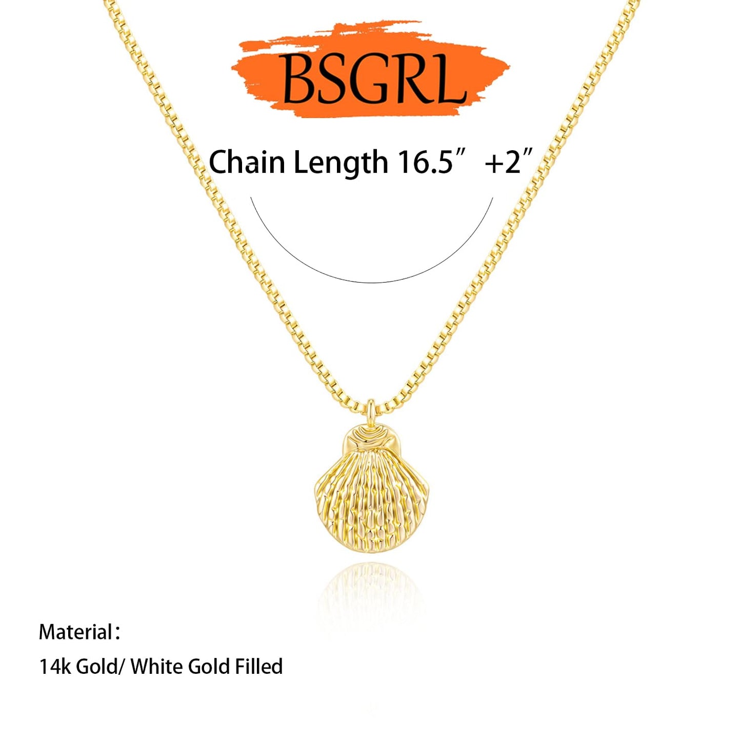BSGRL Dainty Gold Necklace: 14K Gold Plated Shell Sea Beach Necklace for Women 16.5"+2"