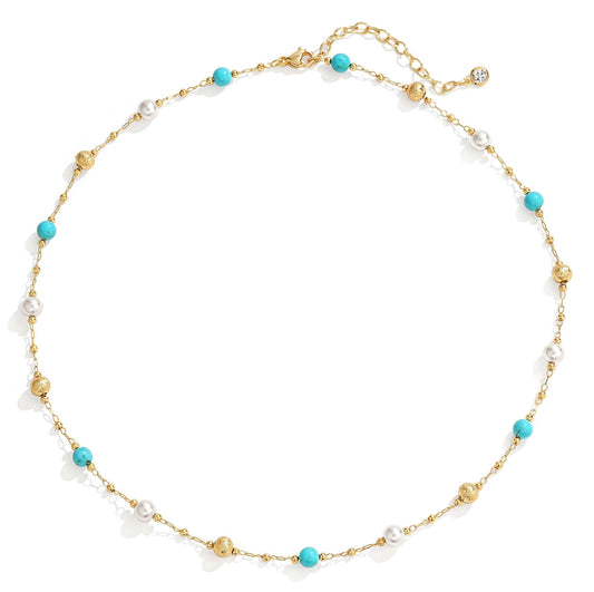 LOLAR RAY Turquoise Jewelry for Women - 14K Gold Plated Round Pearl Beaded Choker Boho Necklaces for Women Summer Beach Boho Choker Bead Gift
