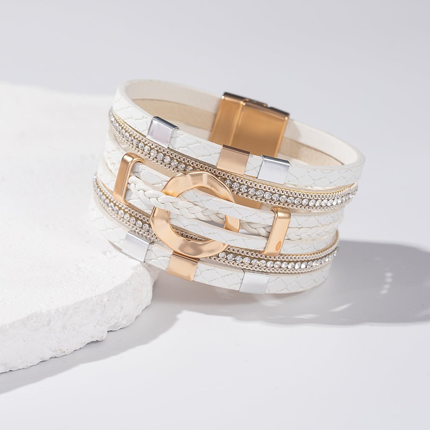 FANCY SHINY Boho Leather Wrap Bracelets Circle Square Bead Braided Handmade Stackable Bracelet Trendy Cuff Bangle for Women(White)
