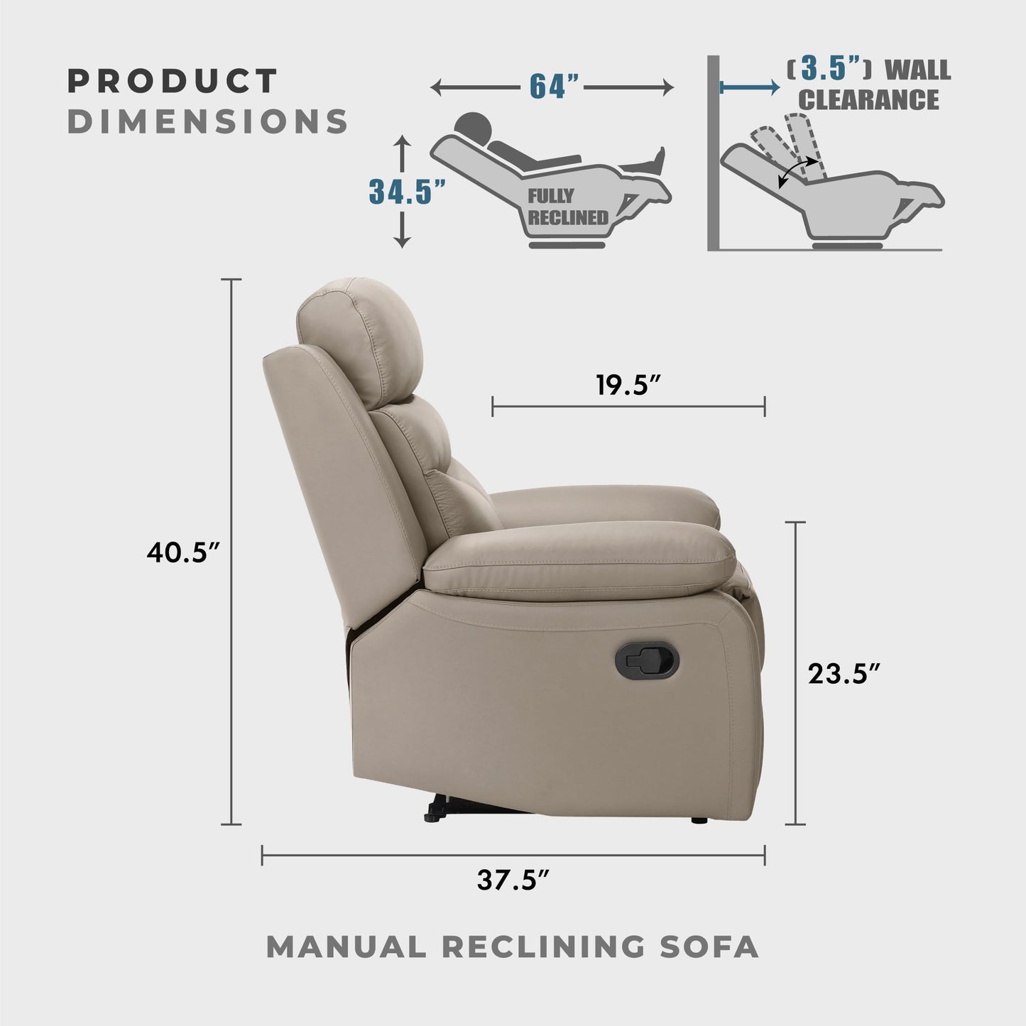 Lexicon 86.5" W Manual Reclining Sofa, Top Grain Leather Match Reclining Sofa, Home Theater Seating, Wall Hugger Recliner Couch, Manual Double Recliner RV Couch for Living Room, Latte