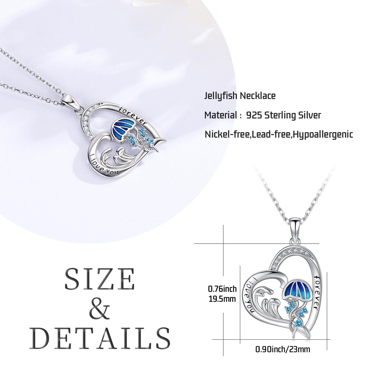 Twoowl Ocean Jellyfish Necklace 925 Sterling Silver Wave Pendant Necklaces Beach Jewelry Gifts for Women Girlfriends Mom Birthday