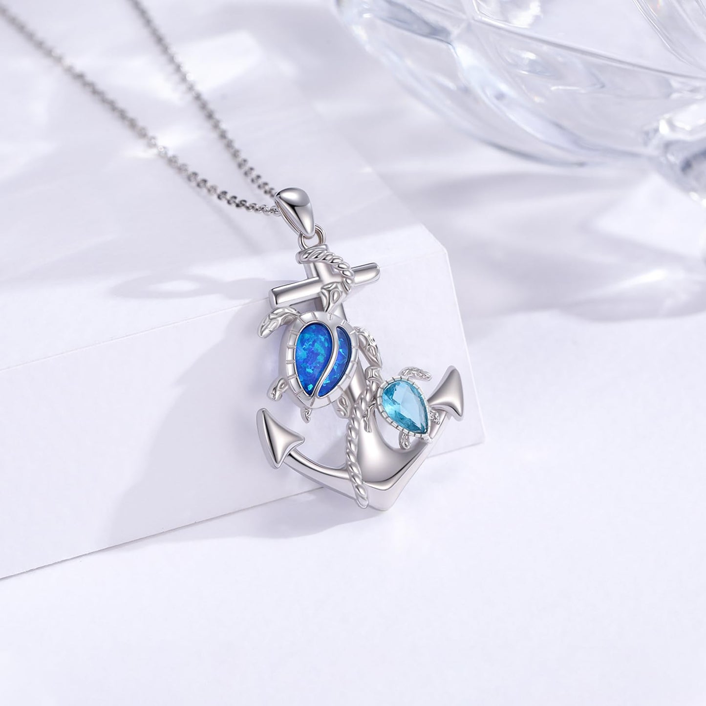 KoyeKei Sea Turtle Necklaces for Women 925 Sterling Silver Anchor Sea Turtle Necklaces Nautical Pendant with Blue Opal Ocean Beach Themed Jewelry Graduation Gifts for Girlfriend Her Lover