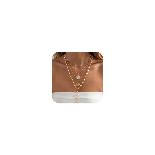 Shell Starfish Necklace for Women, Gold Plated Layered Pendant Necklace with Pearl Conch Charms, Boho Coastal Summer Beach Vacation Jewelry Gifts(Pearl)
