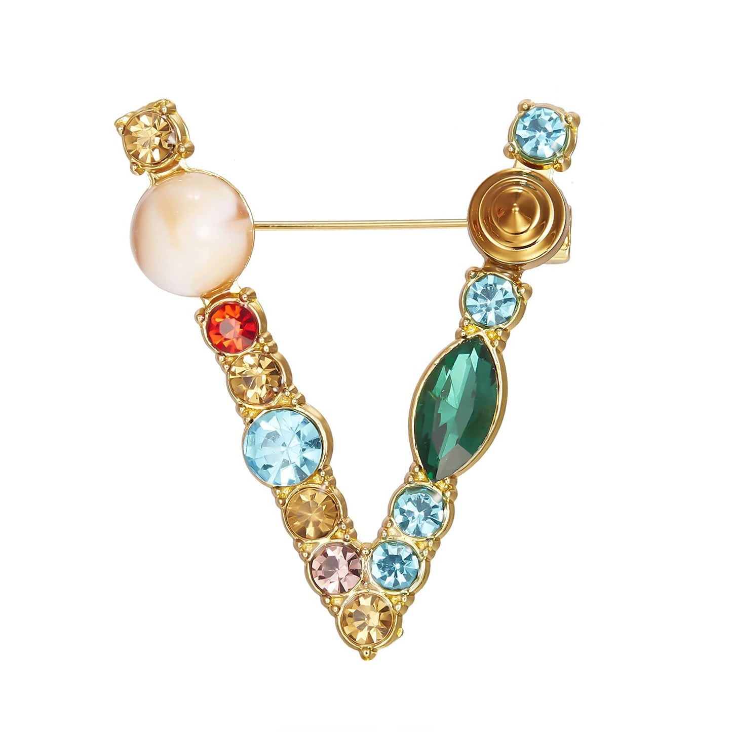 RINHOO Crystal Pearl Initial Brooch Gold Plated Enamel Colorful Letter Alphabet Breastpin Pin Jewelry for GIFTS (Gold V)