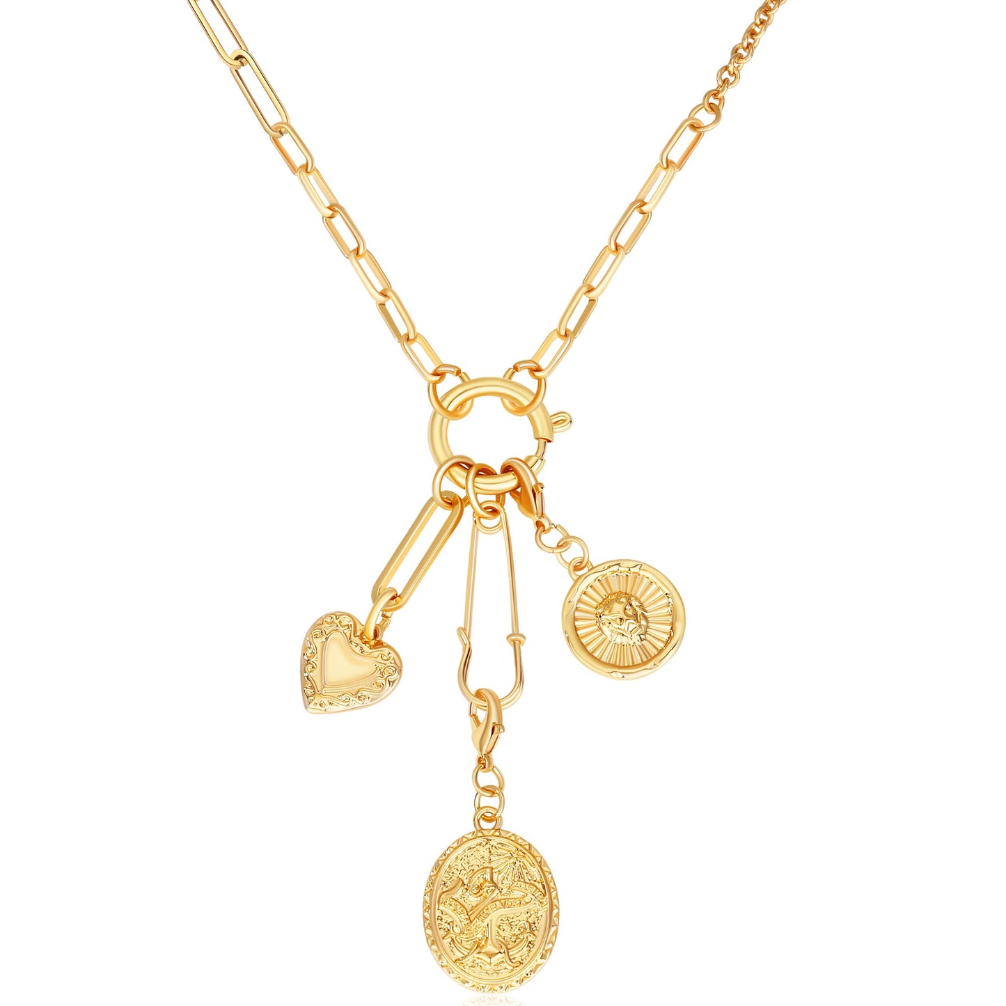 BONJOULRY Charm Necklace for Women Gold Safety Pin Necklace Tarot Card Lion Coin Heart Engraved Vintage Charms Dainty Long Paperclip Chain DIY Pendant Protection Necklace Amulet Jewelry Gifts