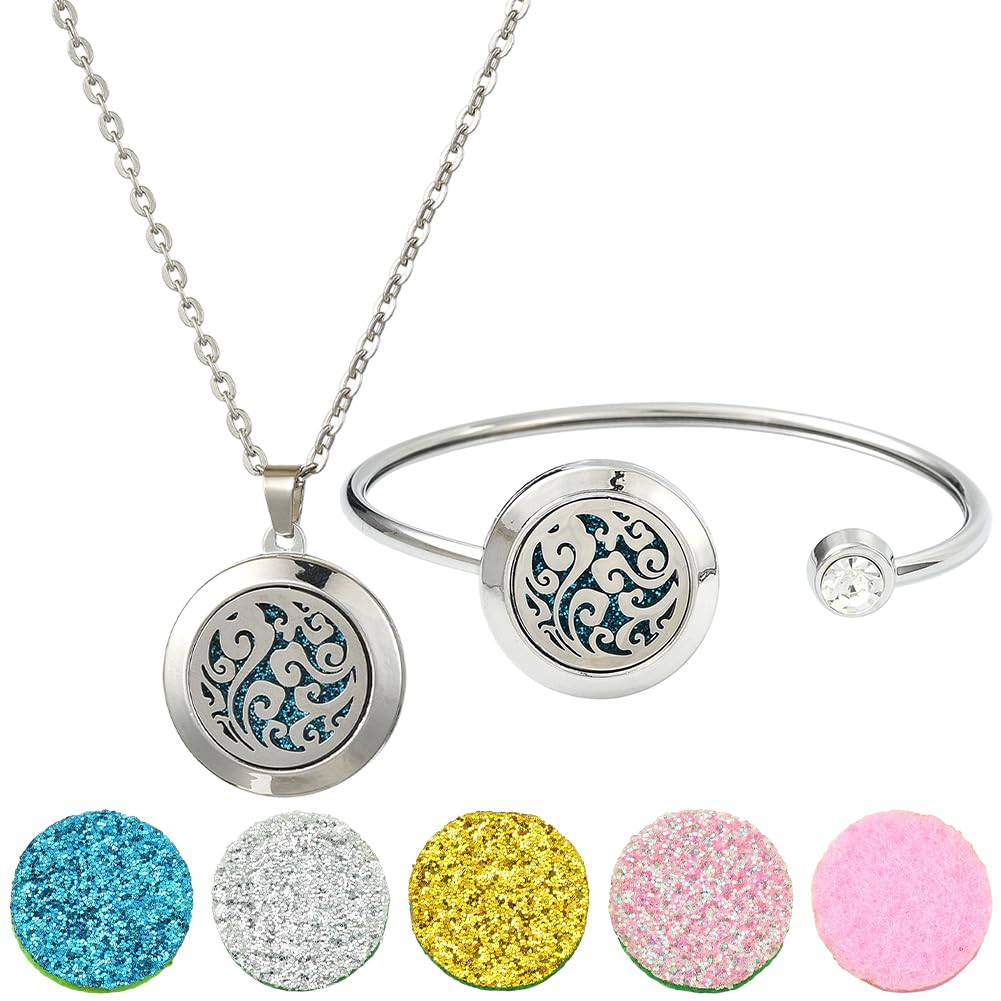 SUNNYCLUE 1Pc Essential Oil Necklace 1Pc Essential Oil Diffuser Bracelet with 10Pcs Refill Pads Cloud Stainless Steel Cuff Bangle Diffuser Locket Necklaces Aromatherapy Jewelry for Women Gifts