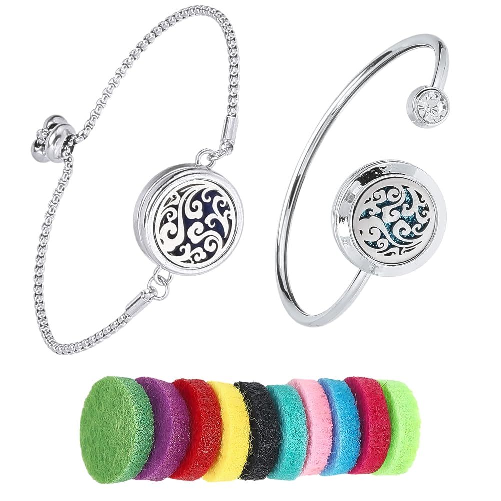 SUNNYCLUE 1 Box 2 Sets Essential Oil Diffuser Bracelet Adjustable Bangles with 10Pcs Refill Pads Stainless Steel Clouds Aromatherapy Locket Adjustable Jewelry for Women Yoga Travel Birthday DIY Gifts