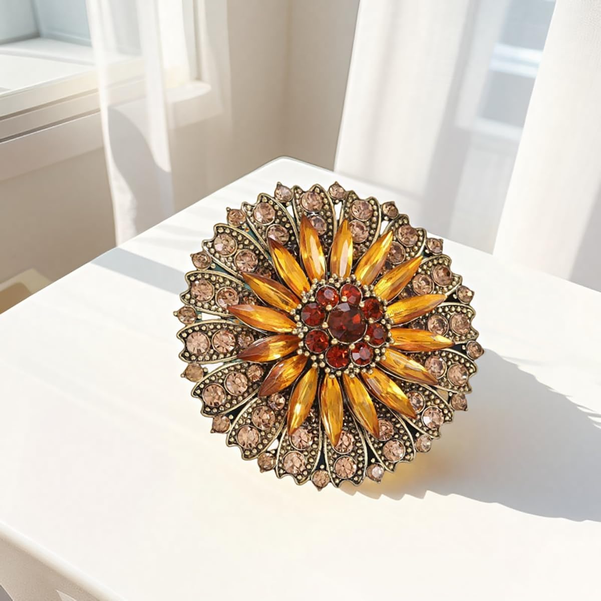 Rhinestone Crystal Flower Brooch Pin Sparkling Large Crystal Sunflower Brooch Vintage Floral Lapel Pins Rhinestone Flower Bouquet Broochs Rose Snowflake Broochs Wedding Bridal Dress Jewelry for Women (Yellow)