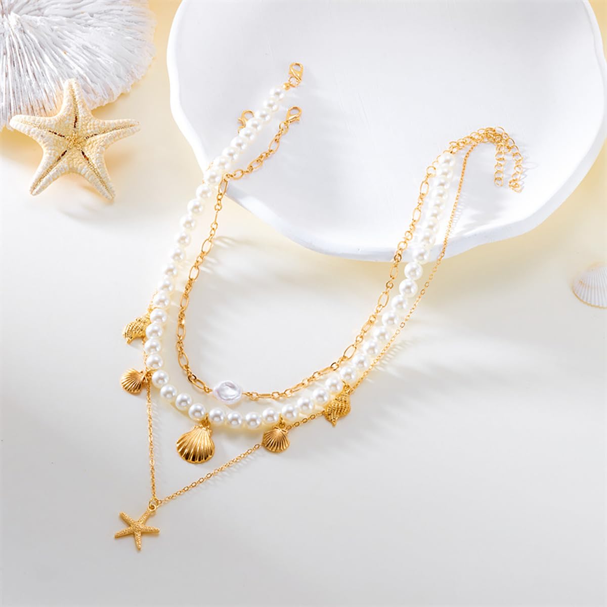 Boho Multi-layered Shell Starfish Necklace Layered Pearl Pendant Choker Necklace Fashionable Clavicle Chain Necklace Seaside Beach Vacation Jewelry for Women (Starfish2)