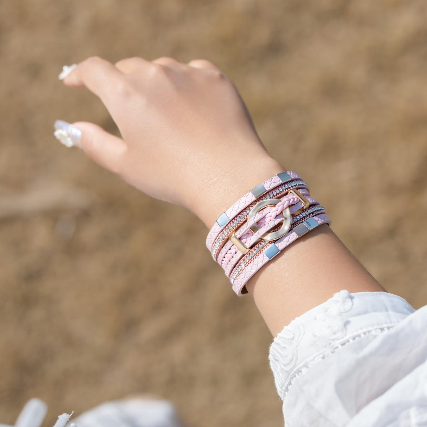 FANCY SHINY Boho Leather Wrap Bracelets Circle Square Bead Braided Handmade Stackable Bracelet Trendy Cuff Bangle for Women(Pink)