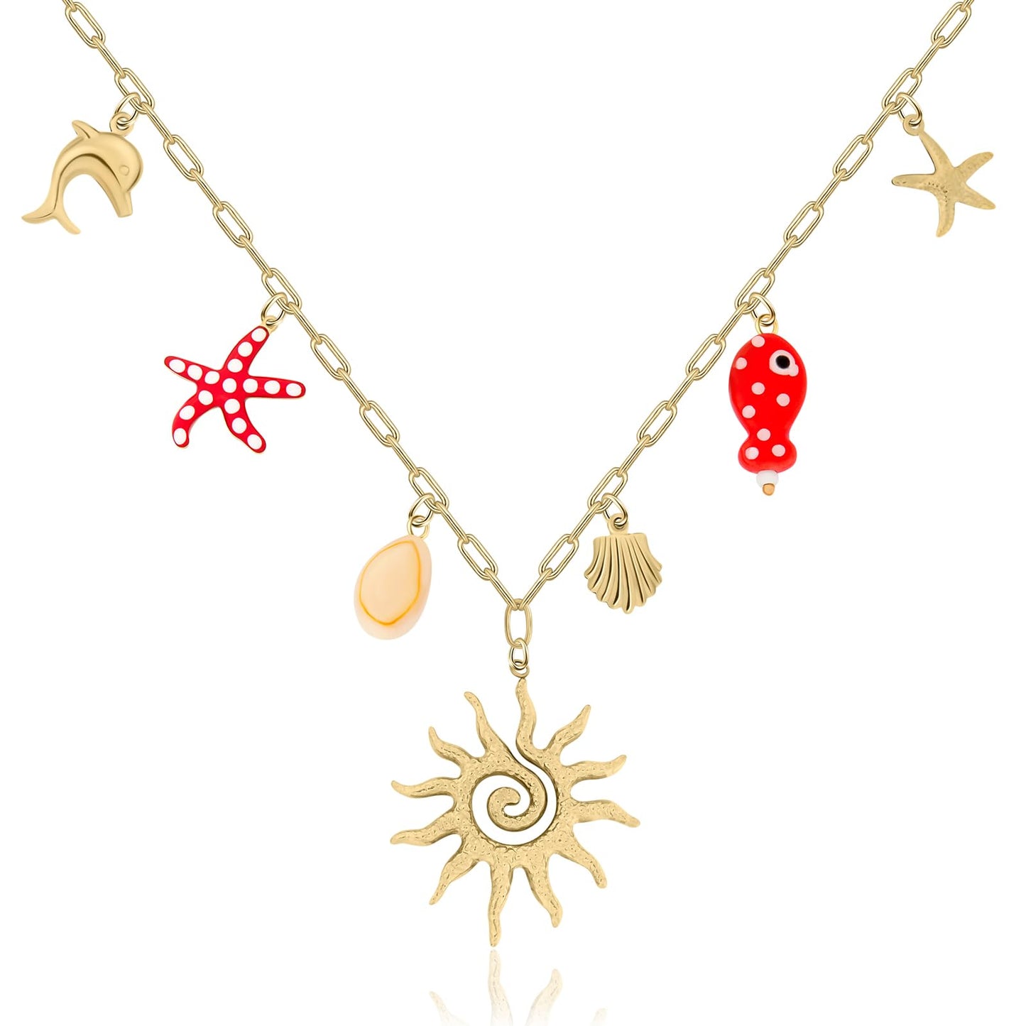 Chunky Gold Necklace Statement Boho Beach Ocean Summer Stainless Steel Jewelry Shell Starfish Turquoise Dolphin Pearl Sun Flower Wave Heart Fish Charm Choker Necklaces for Women(Sun)