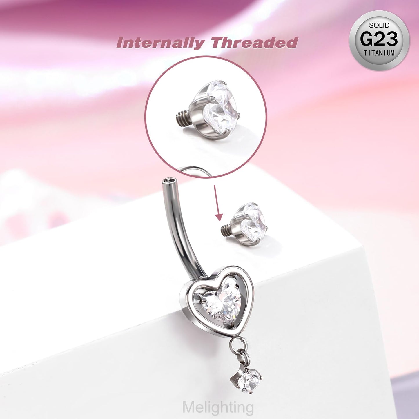 Melighting Heart Titanium Belly Button Ring Internally Threaded 14G Dangle Belly Ring Belly Piercing Jewelry Titanium G23 Naval Ring Clear Cz 10mm Body Piercing Jewelry