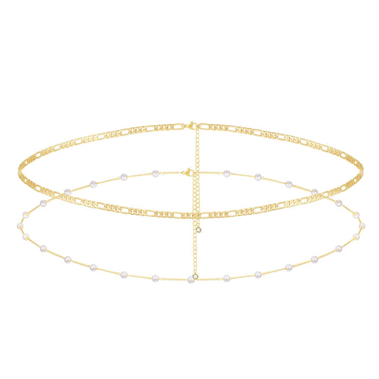 RELVEO 2PCS Gold Waist Chain Adjustable Layered Belly Chain Body Chain Jewelry for Women Sexy Bikini Beach Pearl Waist Chains