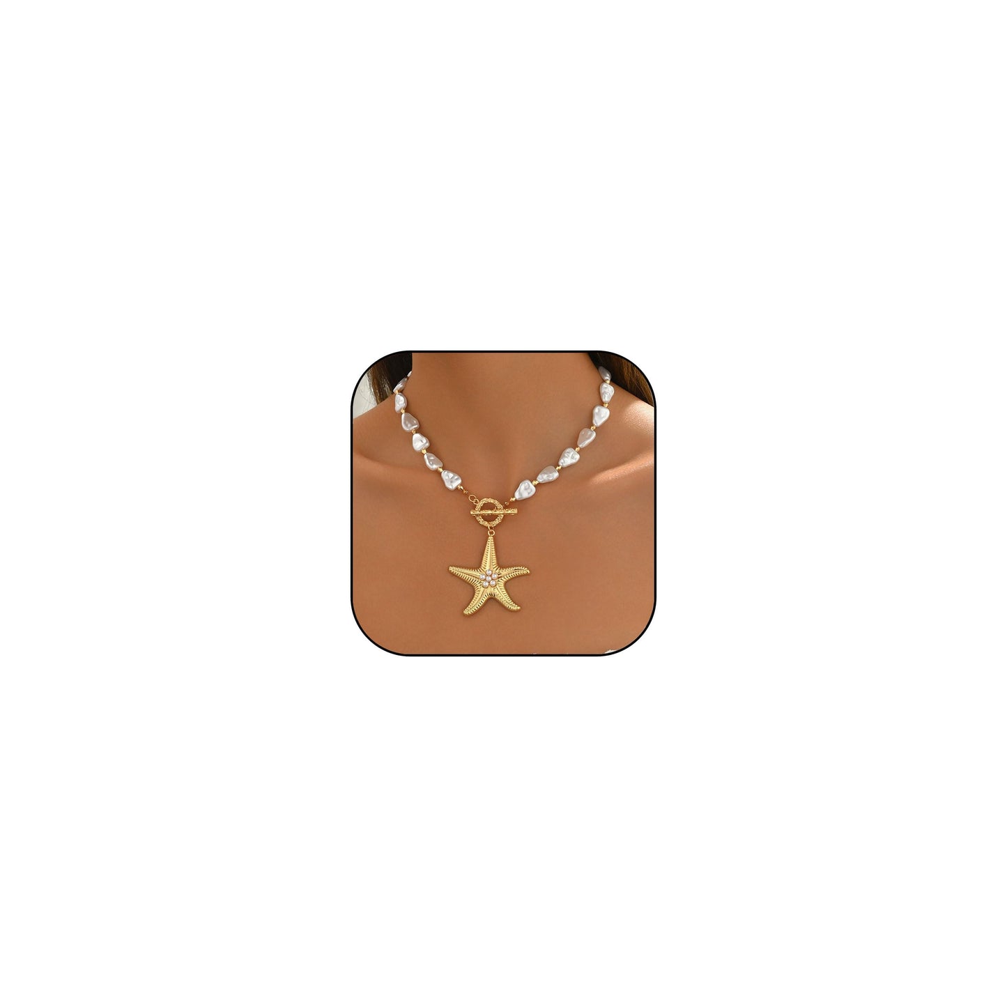 Chunky Gold Starfish Pearl Necklace for Women Gold Large Starfish Pendant Necklace Dainty Baroque Pearl Chain Charm Necklaces Summer Beach Jewelry Gifts for Women (BaroquePearl)