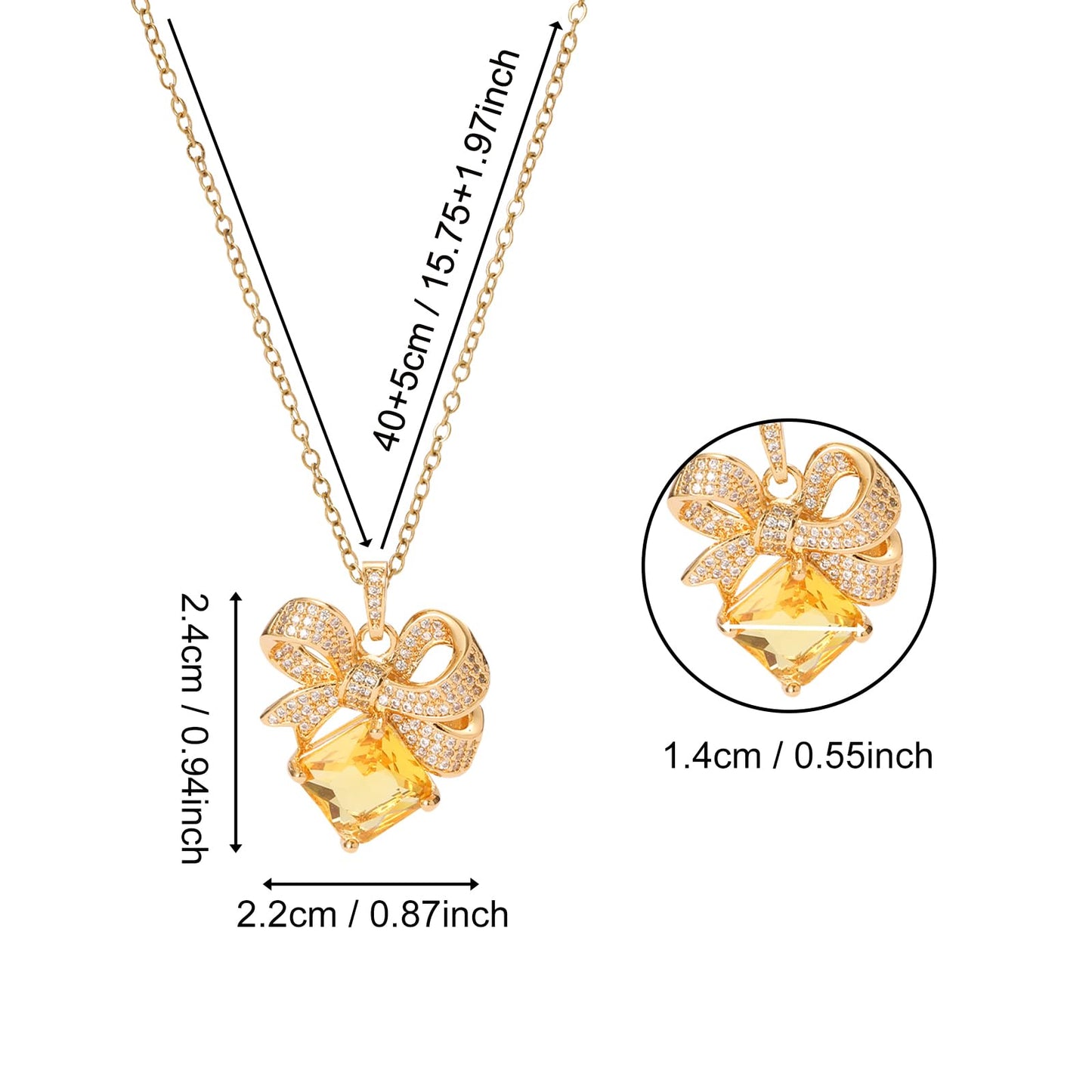 Yellow Square Citrine Bow Necklace for Women-Gold Plated November Birthstone Healing Crystal Vintage Necklace For Valentines Day Mother's Day Christmas Birthday Gifts