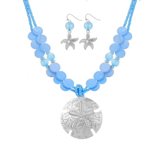 Perla Boho Starfish Necklace for Women, Chunky Layered Shell Beads Choker Necklace and Earrings Set, Ocean-Themed Summer Beach Jewelry (Light blue)
