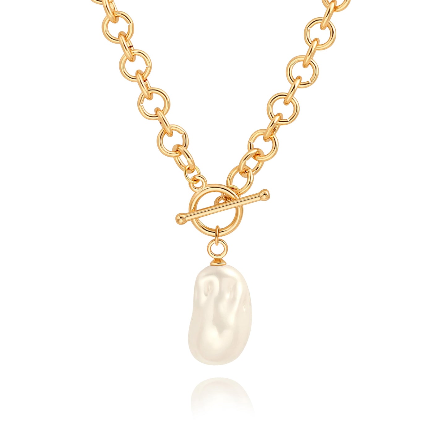 Large Baroque Pearl Pendant Necklace, 18k Gold Plated Chunky Chain Link Necklace for Women, Statement Necklace with Toggle Clasp