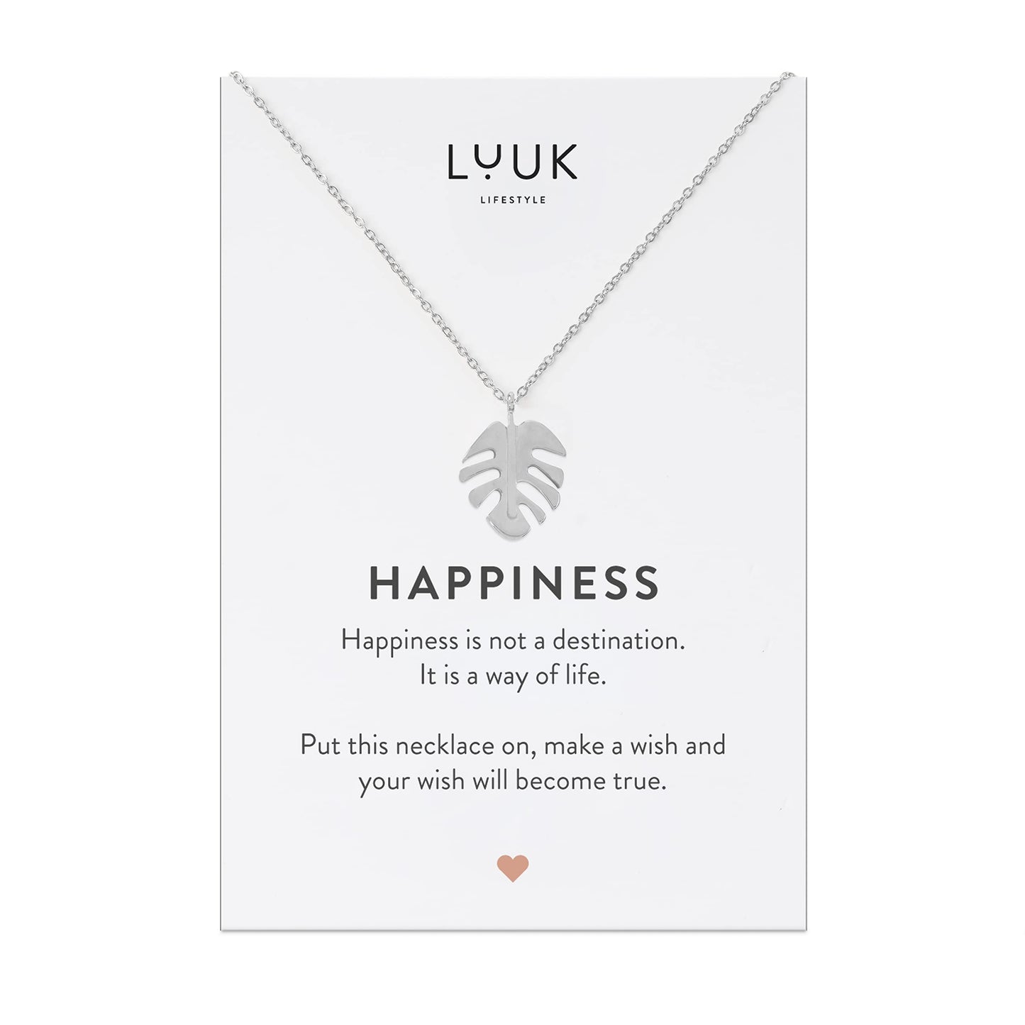 LUUK LIFESTYLE Necklace for women in stainless steel with monstera leaf pendant and HAPPINESS card, gift idea, symbol of nature and well-being, necklace for women, women jewelry, silver