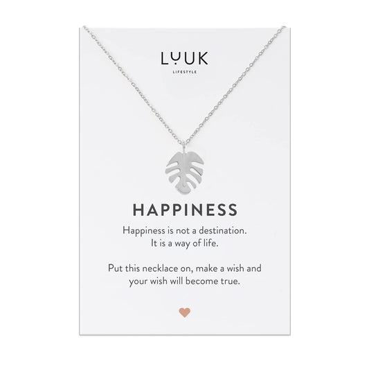LUUK LIFESTYLE Necklace for women in stainless steel with monstera leaf pendant and HAPPINESS card, gift idea, symbol of nature and well-being, necklace for women, women jewelry, silver