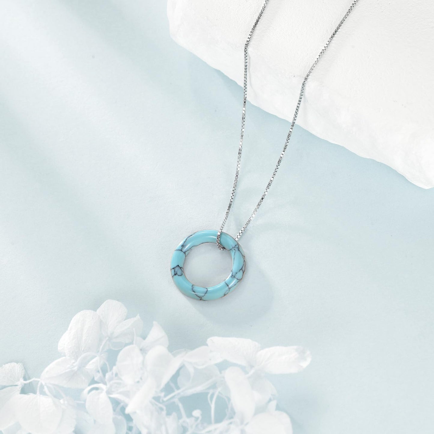 AOBOCO Circle Turquoise Necklace 925 Sterling Silver Circle Necklace for Women with Austrian Crystal Jewelry for Women Birthday Graduation Holiday Gift (Dia 0.78" Turquoise)