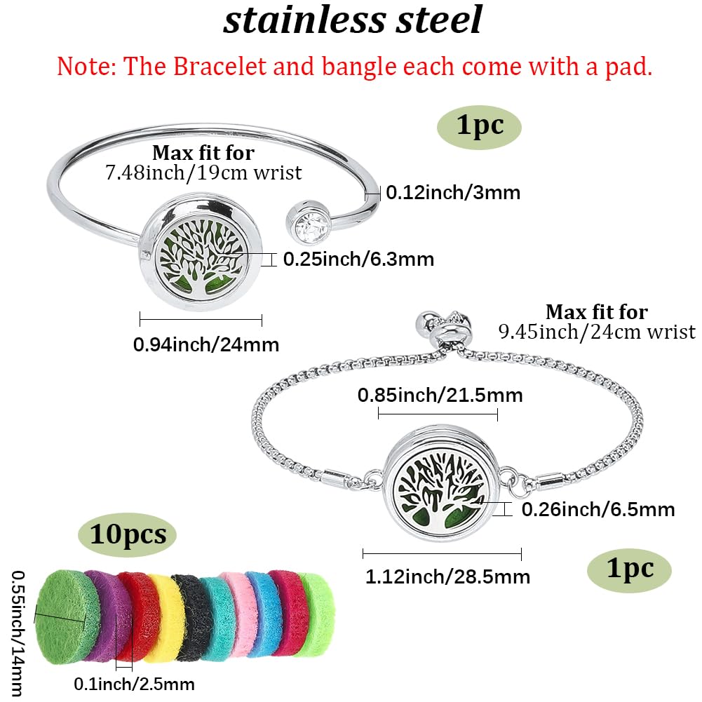 SUNNYCLUE 1 Box 2 Sets Essential Oil Diffuser Bracelets Essential Oil Bracelet Bangles with 10Pcs Refill Pad Tree of Life Stainless Steel Aromatherapy Locket Adjustable Jewelry for Women Gifts Travel