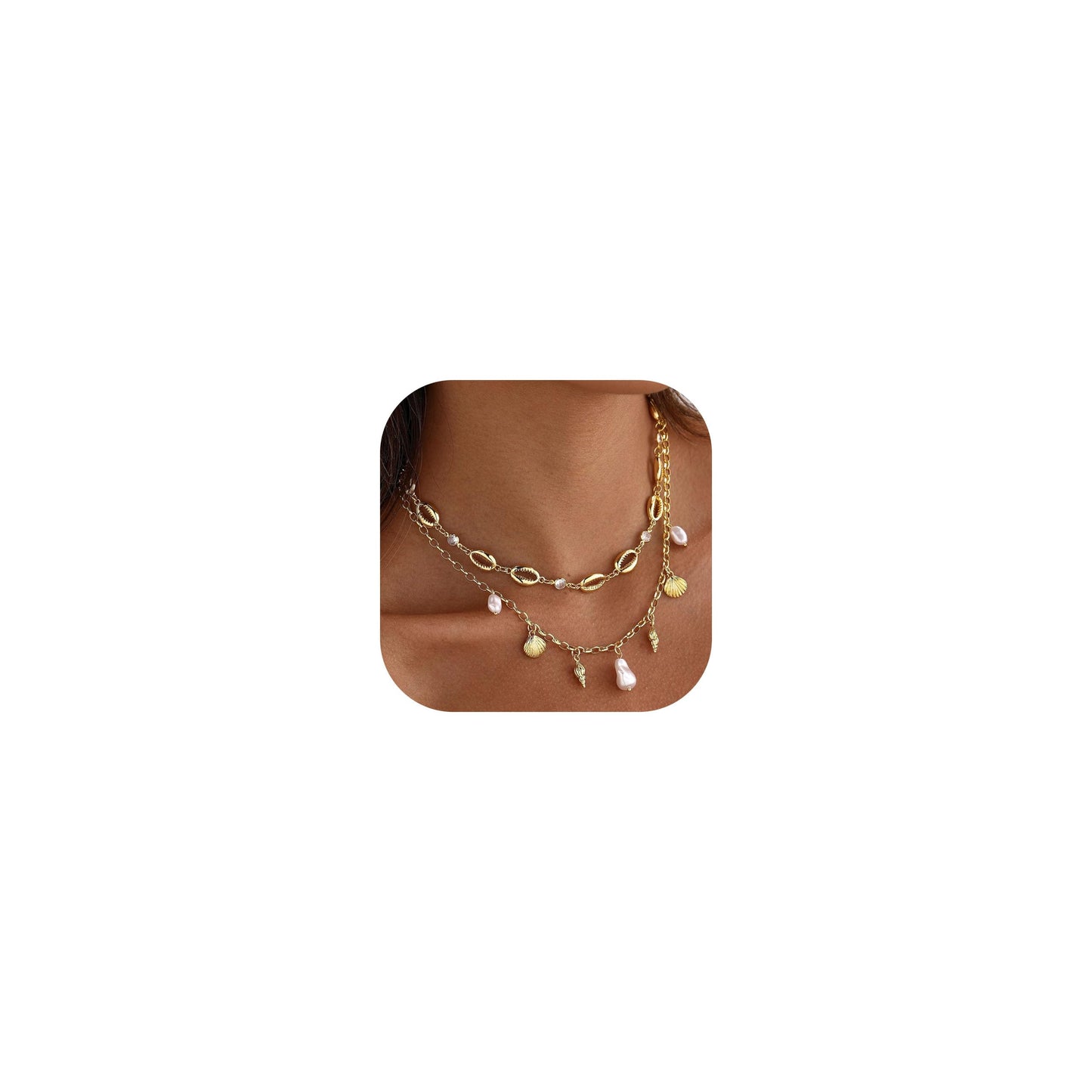 Gold Starfish Shell Necklace for Women Boho Layered Seashell Conch Shell Pearl Pendant Necklaces Set Bohemain Starfish Beach Necklaces Stack Beachy Summer Jewelry Outfits Accessories