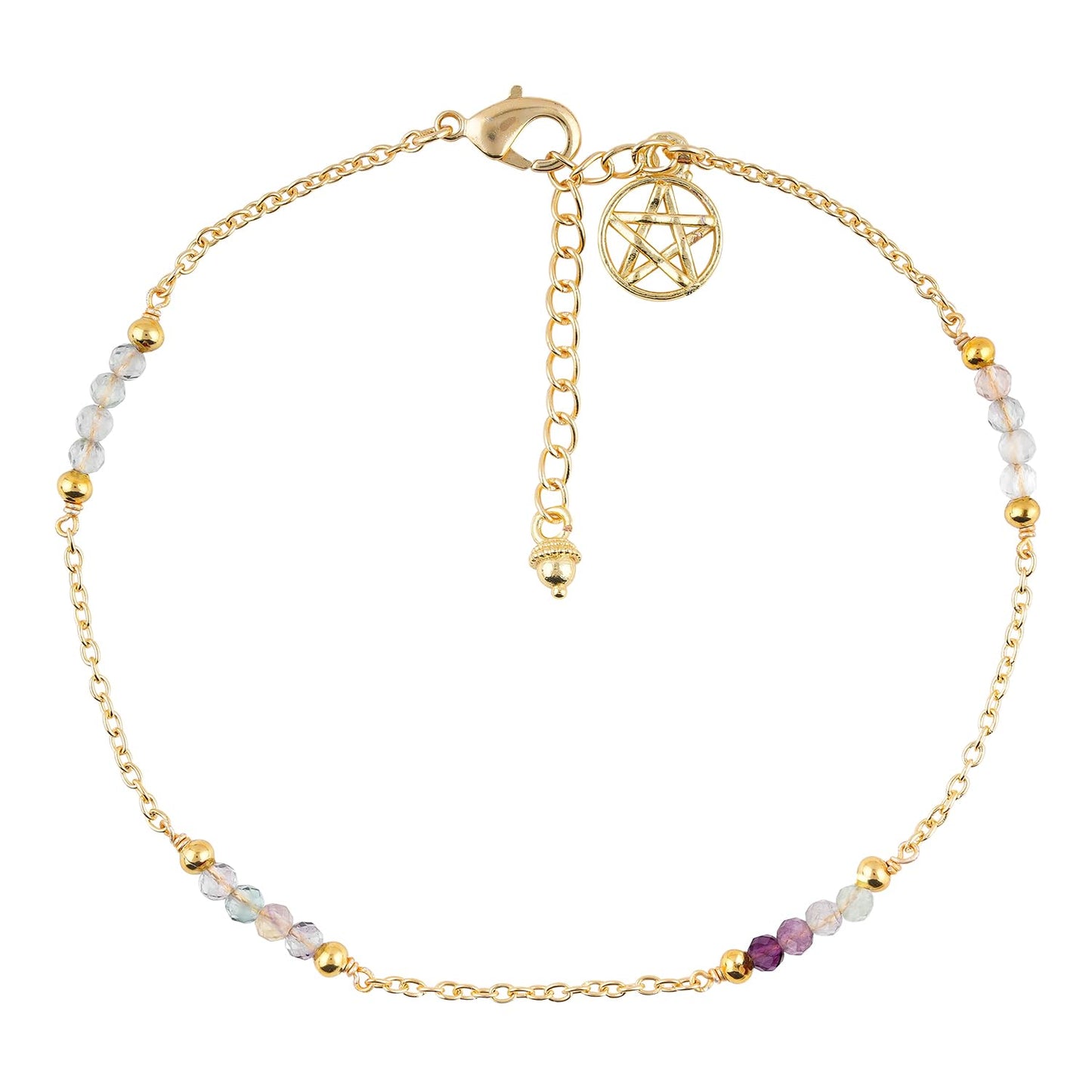 CRYSTALINES Natural Multi Fluorite Gemstone Beads, Handmade Station Dangle Star Charms Anklet, 14K Gold Plated, Adjustable Fashion Boho Jewelry for Women, Healing Crystals, Christmas Gift
