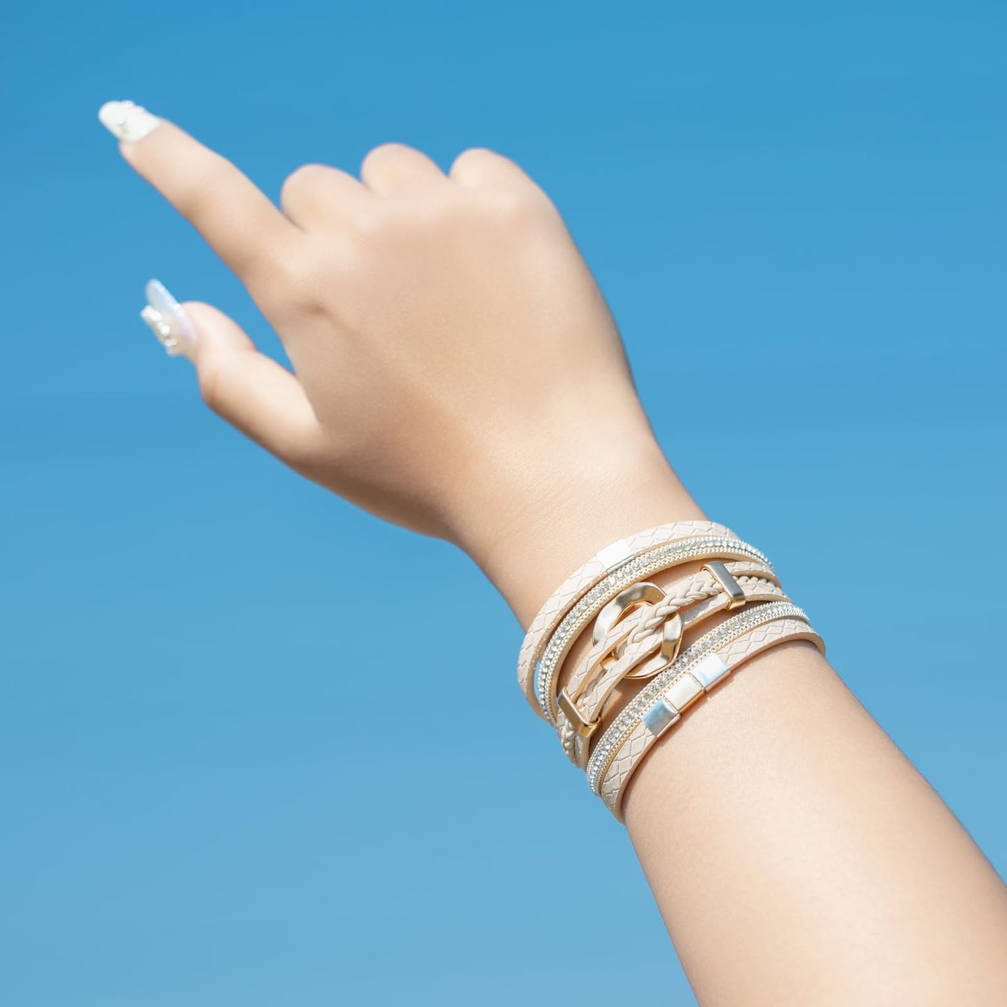 FANCY SHINY Boho Leather Wrap Bracelets Circle Square Bead Braided Handmade Stackable Bracelet Trendy Cuff Bangle for Women(Beige)