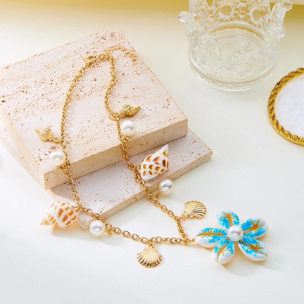 Gold Starfish Seashell Flower Charms Necklace for Women, Boho Adjustable Pearl Chain Choker Necklace Vintage Beachy Statement Jewelry Vacation Gifts (Blue)