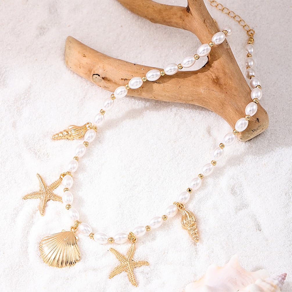 Dainty Gold Starfish Conch Oval Pearl SeaShell Necklace for Women Trendy, Statement Boho Shell Pearls Beaded Chain Necklaces Holiday Beach Party Jewelry (Gold)