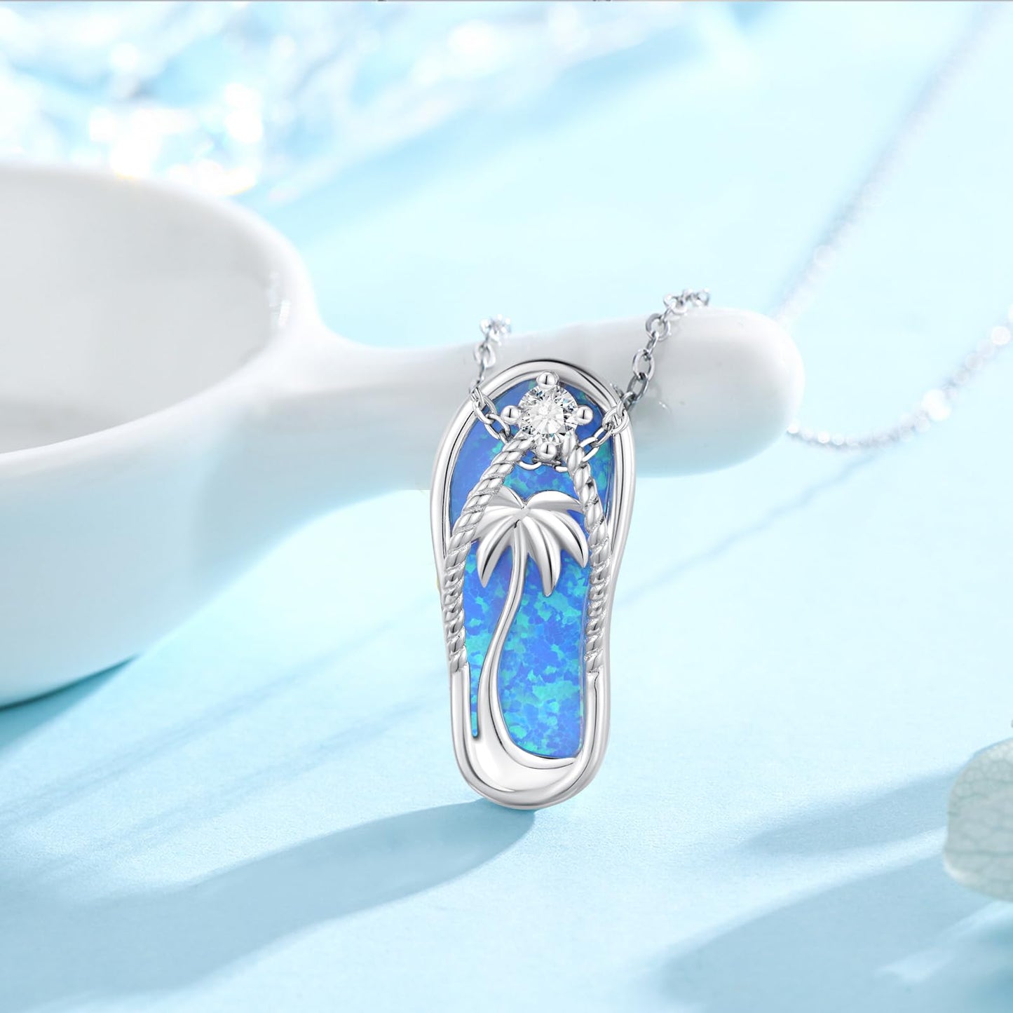 Midir&Etain Flip Flop Necklace 925 Sterling Silver Palm Tree Pendant Beach Blue Opal Necklace Flip-Flop Opal Jewelry for Women Prime