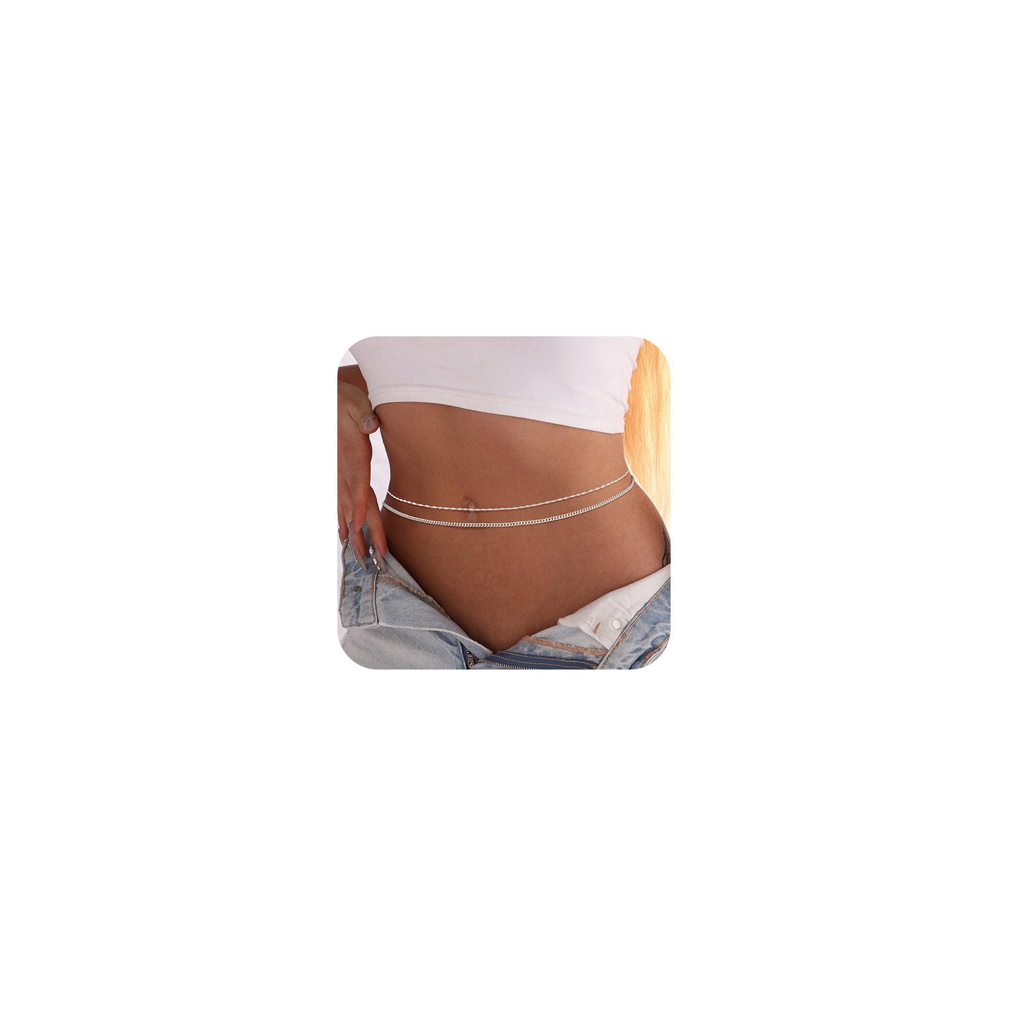 CAROVO Belly Waist Chain for Women 14K Silver Plated Layered Body Chains Boho Cuban Bead Belly Chain Sexy Bikini Body Jewelry for Women Adjustable
