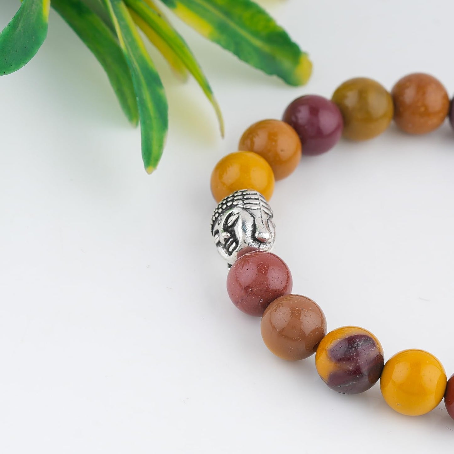 CRYSTALINES Buddha Charm Stretchable Braceclet, Natural Mookaite Gemstone Beads, Plain Round Stones, Handmade Boho Strech Bracelet, Adjustable Spiritual Healing Crystal Unisex Jewelry Gift