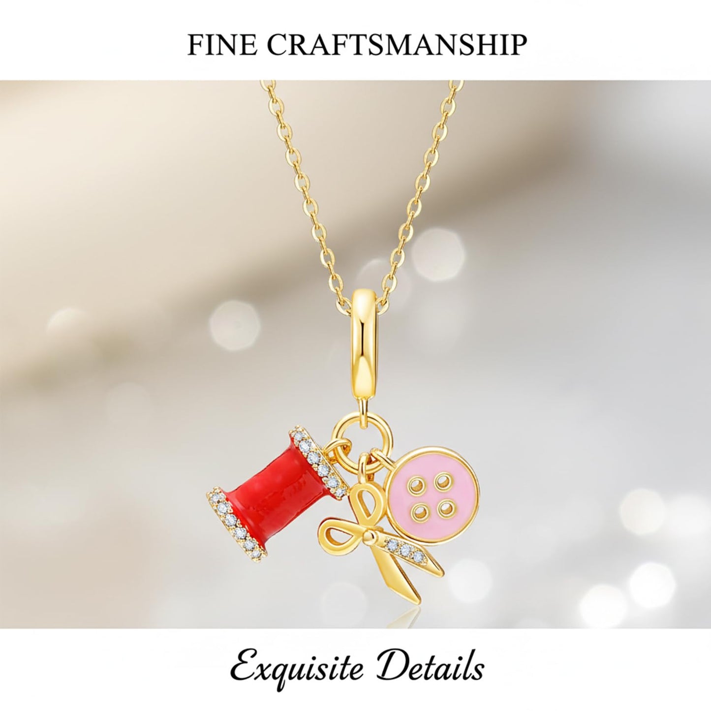 crataly Sewing Enamel Necklace For Women-Gold Plated Mini Wire Spool Button And Scissor Combination Necklace For Valentines Day Mother's Day Christmas Birthday Gifts